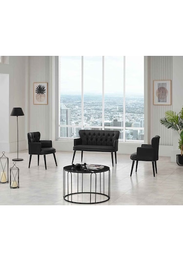 Garden House Siyah Deri Ahşap Ayaklı Kollu Ofis Koltuk Takımı Misafir Koltuğu Ofis Takımı Berjer Bekleme Koltuğu Siyah