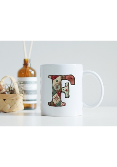 F Harfi Yılbaşı Temalı Kupa Bardak - Yeni Yıl Konsept Yamalı Efekt Tasarım - Noel Hediye Beyaz