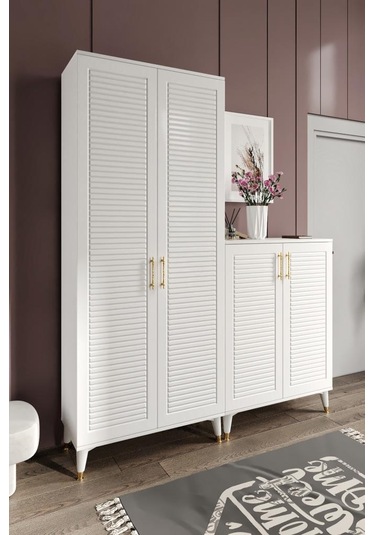 Panjurlu Metal Kulp Ask4190 Ayakkabılık Portmanto Vestiyer Beyaz Gold Beyaz - Gold