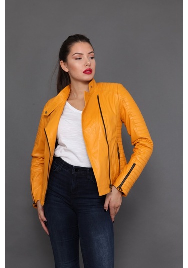 Hakiki Deri Sarı Kadın Ceket Sarı