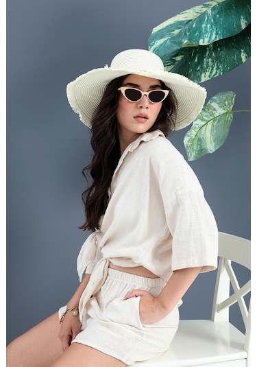 Pamuk Keten Şort Gömlek Kadın İkili Takım - Taş-taş Taş