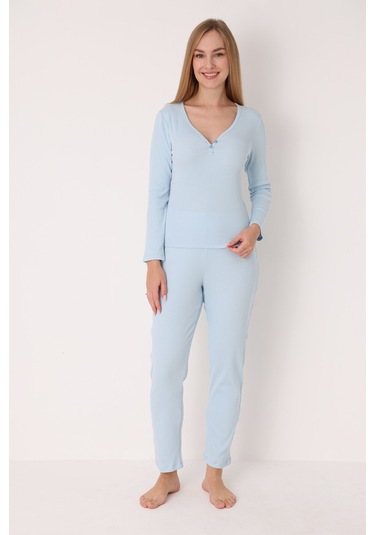 Nbb Kadın Mavi Patlı V Yaka Pijama Takım Mavi