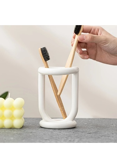 Elmpaly Bej Seramik Diş Fırçası Tutucu - Masada Diş Macunu Ve Fırça Düzenleyici Bej