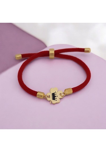 14 Ayar Altın Plakalı Çiçek Figürlü Örgü İpli Taç Sembollü Hediye Bileklik-324sembol-kırmızı Altın