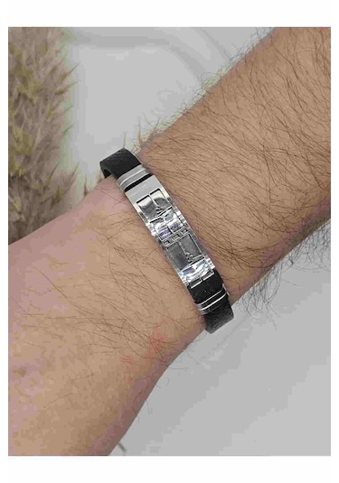 Deri Kordonlu Çelik Erkek Thunder Bileklik Siyah - Gümüş