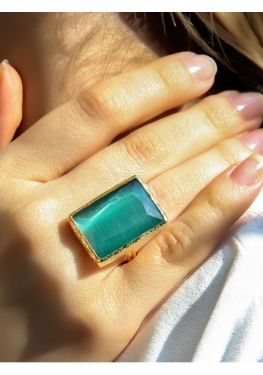 Kedi Gözü Cam Kadın Ayarlanabilir Altın Kaplama Yüzük Açık Yeşil Euy69ay Yeşil