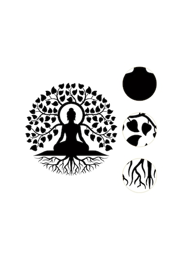 Homyl Buda Ağacı Metal Duvar Sanat Siyah Din Dekoru Zen Dekor 40-cm