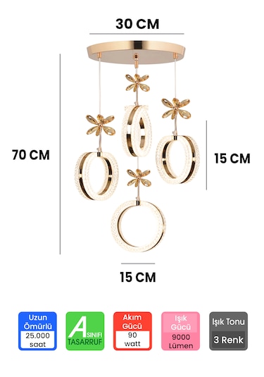 3 Renk Kumandalı Gold Kasa Yüzük Led Avize 4 Lü Modern Ledli Aviz