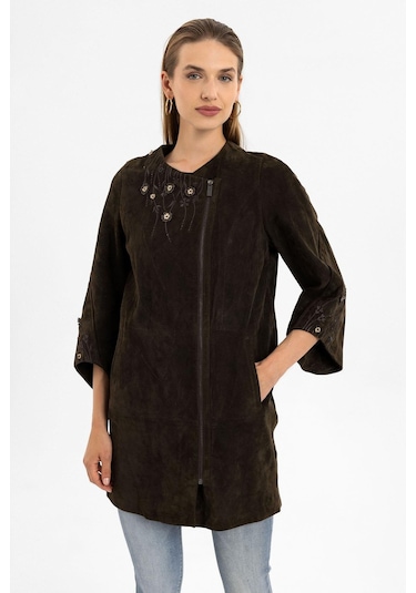 Kado Kahve Çiçek Nakışlı Kadın Hakiki Deri Kaban-olive Çok Renkli