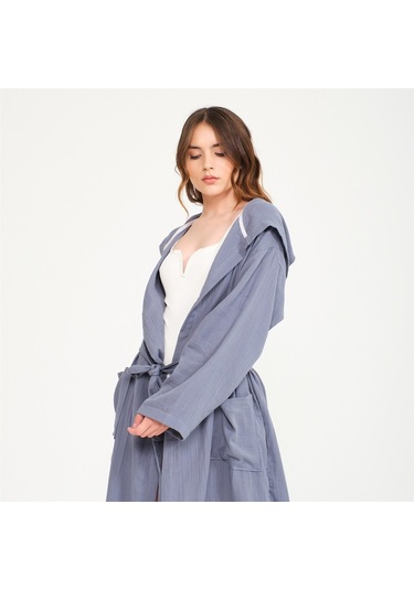 Unisex Kapüşonlu Uzun Müslin Bornoz-Antrasit