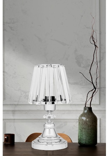 Gerçek Kristal Cam Başlık Krom Metal Gövdeli 2'li Yatak Odası Abajur İki Adet Gece Lambası Krom