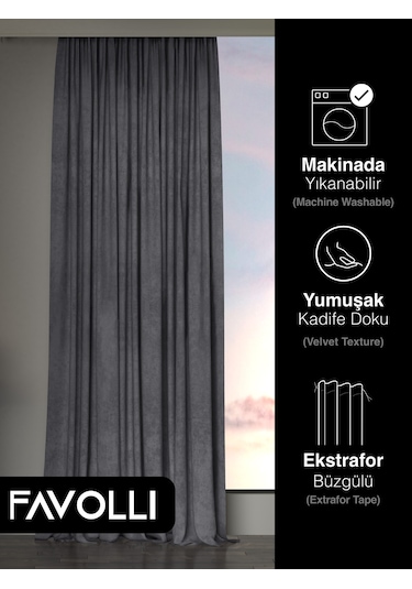 Kadife Dokulu Gri Ada Fon Perde Ekstrafor Büzgülü Dream Series Gri
