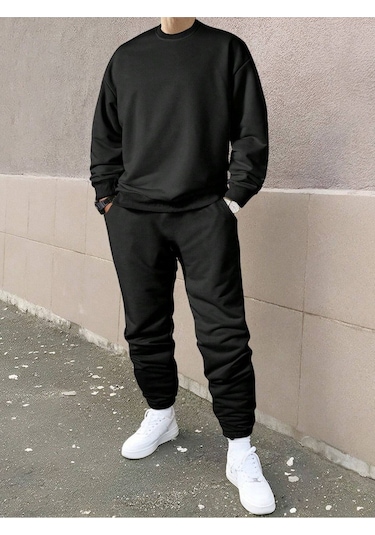Erkek Düz Eşofman Takımı Sweatshirt Jogger - Siyah Oversize Şardonlu Bisiklet Yaka Siyah