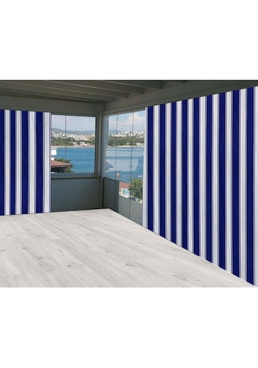 Ceylan Home Balkon Perdesi Mavi Kalın Çizgili Ölçü Seçenekli Mavi - Beyaz