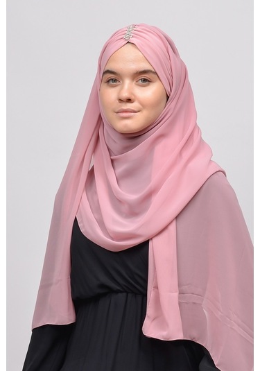 Altobeh Zarif Taşlı Drapeli Hazır Pratik Şifon Kadın Tesettür Şal - Açık Pembe