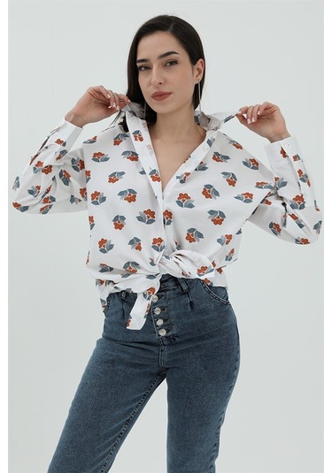 Çiçek Desen Kol Katlamalı Gömlek - Beyaz-beyaz Beyaz