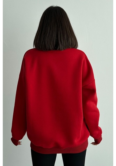 Kadın Kırmızı Bisiklet Yaka Oversize Sweatshirt Kırmızı