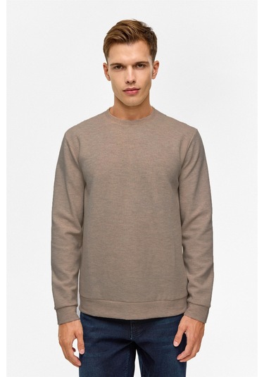 Süvari Bol Kesim O Yaka Melanj Desenli Waffle Sweatshirt Koyu Kahve Kh9