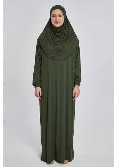 Pratik Başörtülü Rahat Giyilebilen Organik Tek Parça Namaz Elbisesi Haki
