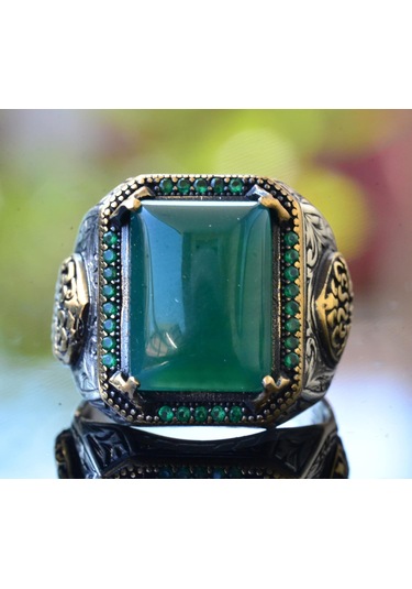 Doğal Yeşil Jade Taşı, Sterlin Gümüş Erkek Yüzük, Bizans İmparatorluğu Yüzüğü Gümüş