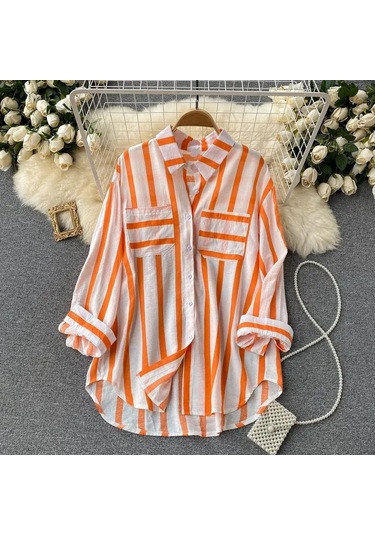Yaz Yeni Orta Uzunlukta Dikey Çizgili Çok Renkli Gömlek Ceket Kadın Kore Tarzı Rahat Gevşek Üstler Turuncu Yaz Yeni Orta Uzunlukta Dikey Çizgili Çok Renkli Gömlek Ceket Kadın Kore Tarzı Rahat Gevşek Üstler Turuncu