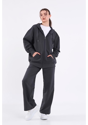 Kadın Antrasit Normal Kalıp Basic Beli Lastikli Kapüşonlu Oversize Mevsimlik Alt Üst Eşofman Takımı Cmre7367 Antrasit
