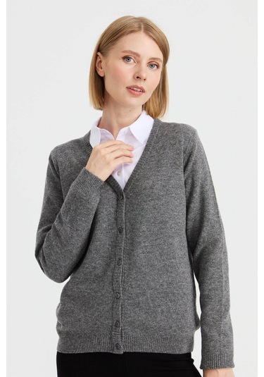 Desen Triko Kadın V Yaka Yün Hırka 21021 Füme