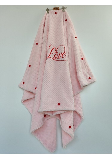 Tv Battaniyesi Love Nakışiı Kalpli Ponponlu Koltuk Şalı Battaniye Hediyelik Örtü Oyun Matı Pembe