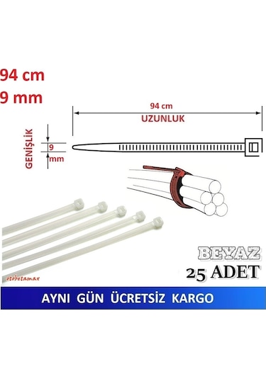 25 Adet Pemsan 94Cm X 9Mm Plastik Cırt Kelepçe Kablo Bağı Beyaz