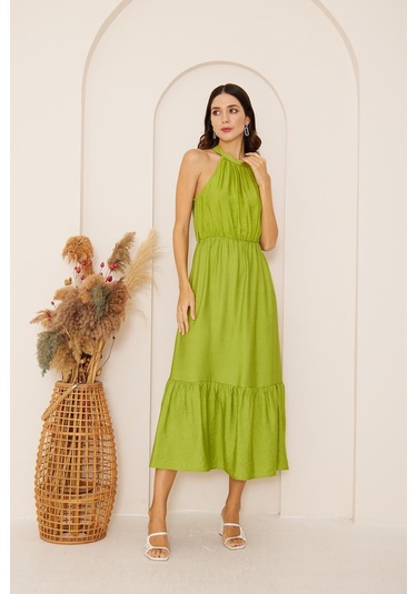 Yeşil Halter Yaka Kolsuz Elbise Dm1035