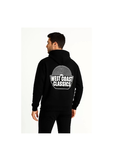 Erkek Üç İplik Kapüşonlu Ön Ve Arka Baskılı Sweatshirt Hoodie - Siyah Siyah