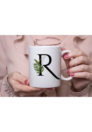 R Harf Zarif Yaprak Desenli Kupa Bardak - Naturel Sade Alfabe Harfli Bardak - Kişiye Özel Hediye Beyaz