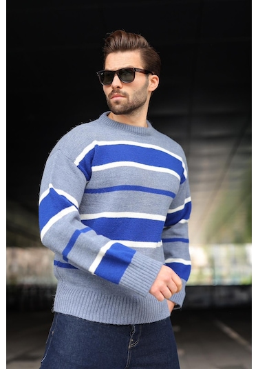 İndigo Çizgili Bisiklet Yaka Triko Erkek Kazak E7455 Indigo