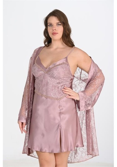 Büyük Beden 2li Vizon Sabahlık Takımı Bigsize 6205 Vizon