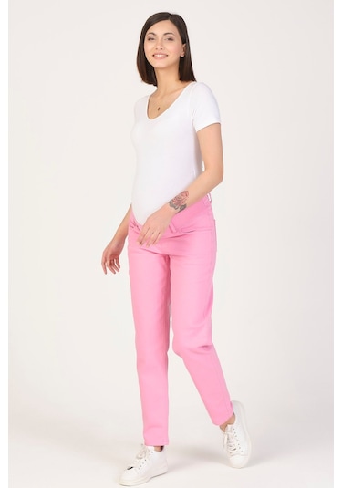 Busa Hamile Alt Karın Destekli Mom Fit Kot Pantolon Pembe-pembe