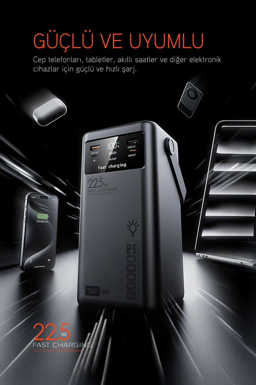 Powerway Pd80 Kamp Powerbank Gerçek 80.000 Mah Pd 22.5w Hızlı Şarj Led Fenerli Ve Dahili Kablolu Siyah