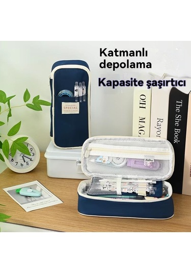 Aurora Kırtasiye Çantasıöğrenciçok Fonksiyonlu Çiftçi Fermuarlı Basit Açık Mavi - Bej