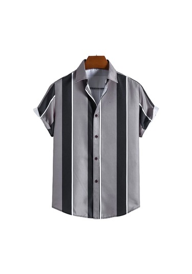 Snapbuy 2025 Erkek 3d Havai Gömlek - Basit Çizgili, Gevşek Nefes, Yazlık Kısa Kollukoyu Gri Koyu Gri