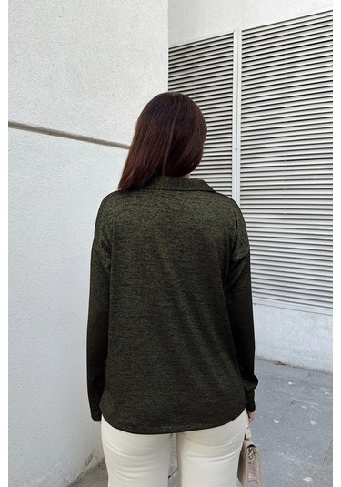 Kadın Haki Polo Yaka Basic Bluz, Uzun Kol, Regular Kesim, Günlük Ve Spor Kaliteli Kumaş Sweatshirt Yeşil