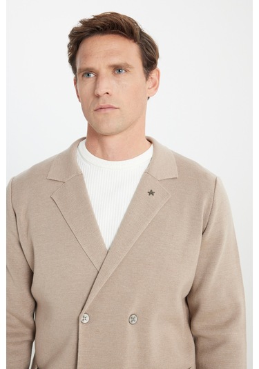 Erkek Vızon Pamuklu Standart Fit Normal Kesim Kruvaze Yaka Cepli Triko Ceket Vizon