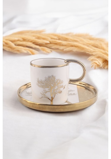 Violet 6 Kişilik Hayat Ağacı Desenli Gold Yaldızlı Porselen Kahve Fincan Takımı Beyaz