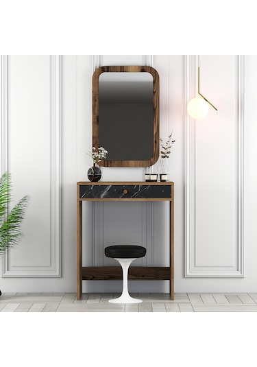 Lizbon Mini Makyaj Masası Aynalı - Ceviz / Siyah Mermer