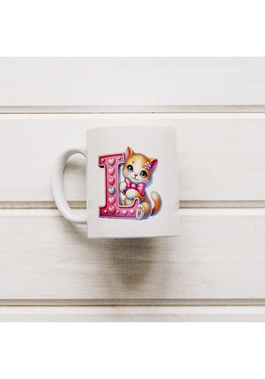 L Harfli Bardak, Sevimli Kedili Pembe Tasarım Bardak, Arkadaşa Aileye Hediye Porselen Beyaz