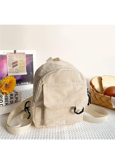 Ganzhoushop Sırt Sırt Seyahat Omuz Okul Moda Küçük Korduroy Kadın Hafif Günlük Çift Çantası Çantaları Çantaları Beige Basit Or Bej