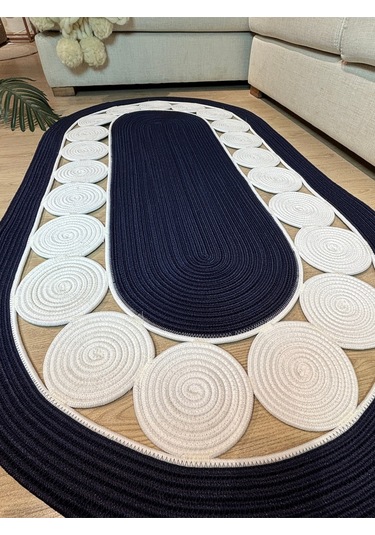 Cookie Jüt Hasırlı El Örgüsü Kilim Lacivert - Beyaz