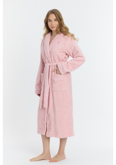 Mulberry Triga Kapüşonlu Kadın Bornozu %100 Pamuk Pembe