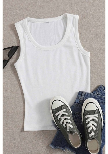 Merry See Düz Renk Kadın Kolsuz Bluz Crop Top Beyaz