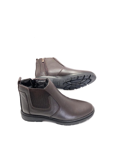 Hakiki Deri Ortopedik Jel Tabanlık Kürklü Kışlık Erkek Bot Kahve