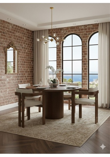 Verona Doğal Ahşap Yuvarlak Yemek Masası Takımı 4 Kişilik Modern Scandinavian Stil Ceviz Beyaz