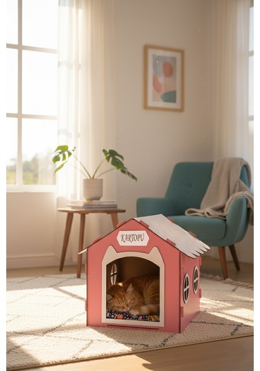 Ahşap Özel İsim Baskılı Dekoratif Kedi Evi-kulübesi, Kediler İçin Kulübe, Kedi Kulübesi Pembe